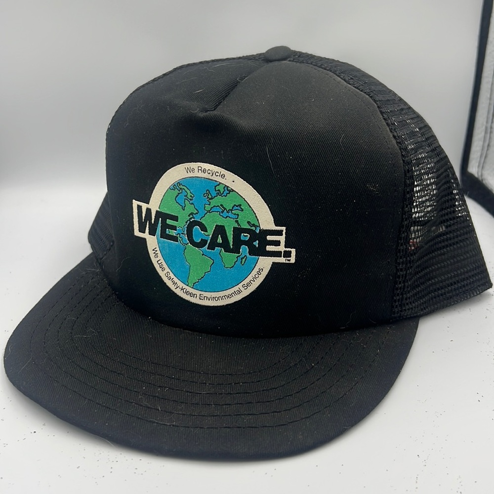 Vintage snapback black “we care” quote, universal cap. Earth cap